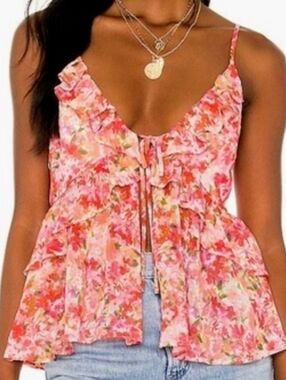 Lovers + Friends Pink Floral Ruffle Tie-Front Cami Size SMALL